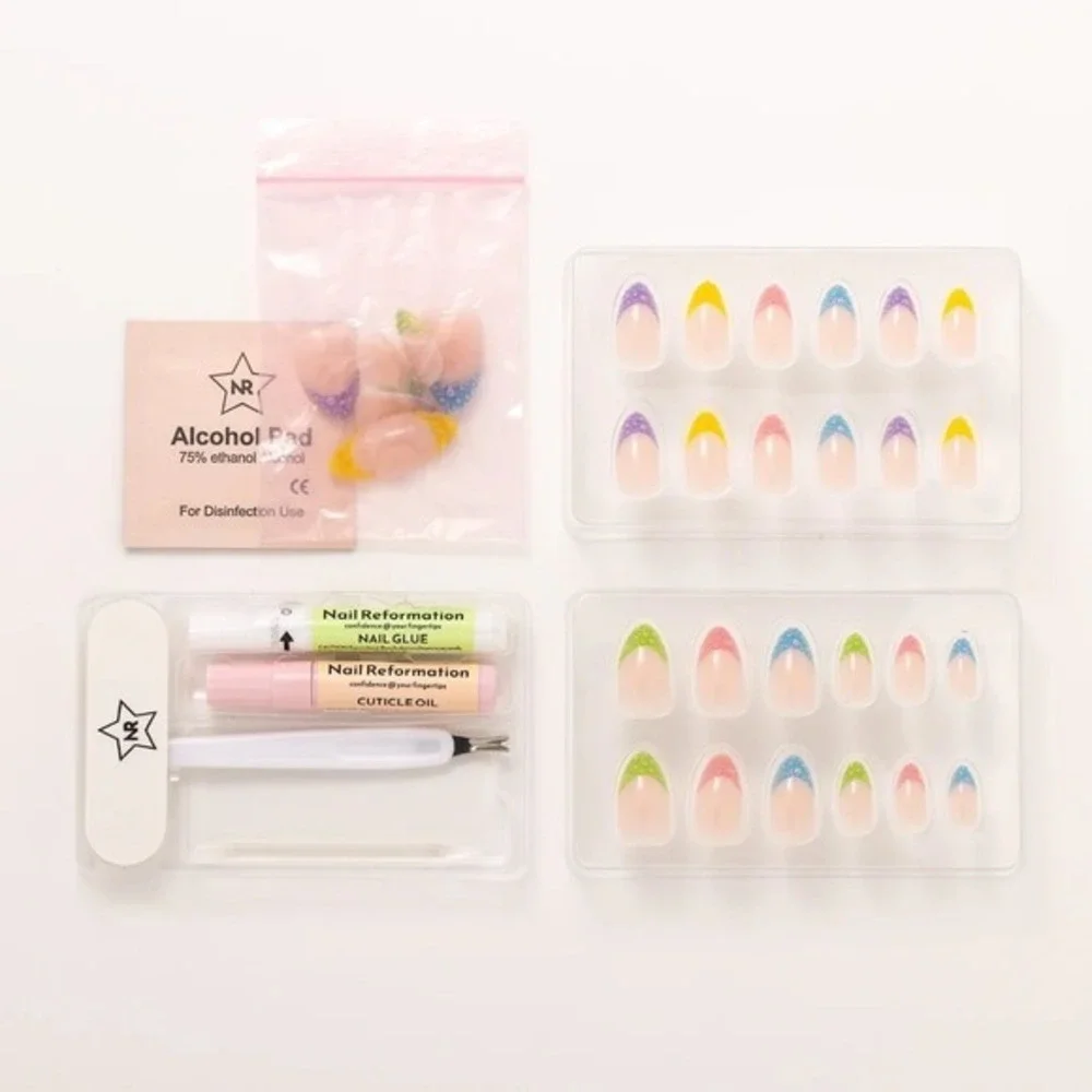 Nail Reformation 32 Press‎ On Nails Kit Multi Color 3D French Tip Almond